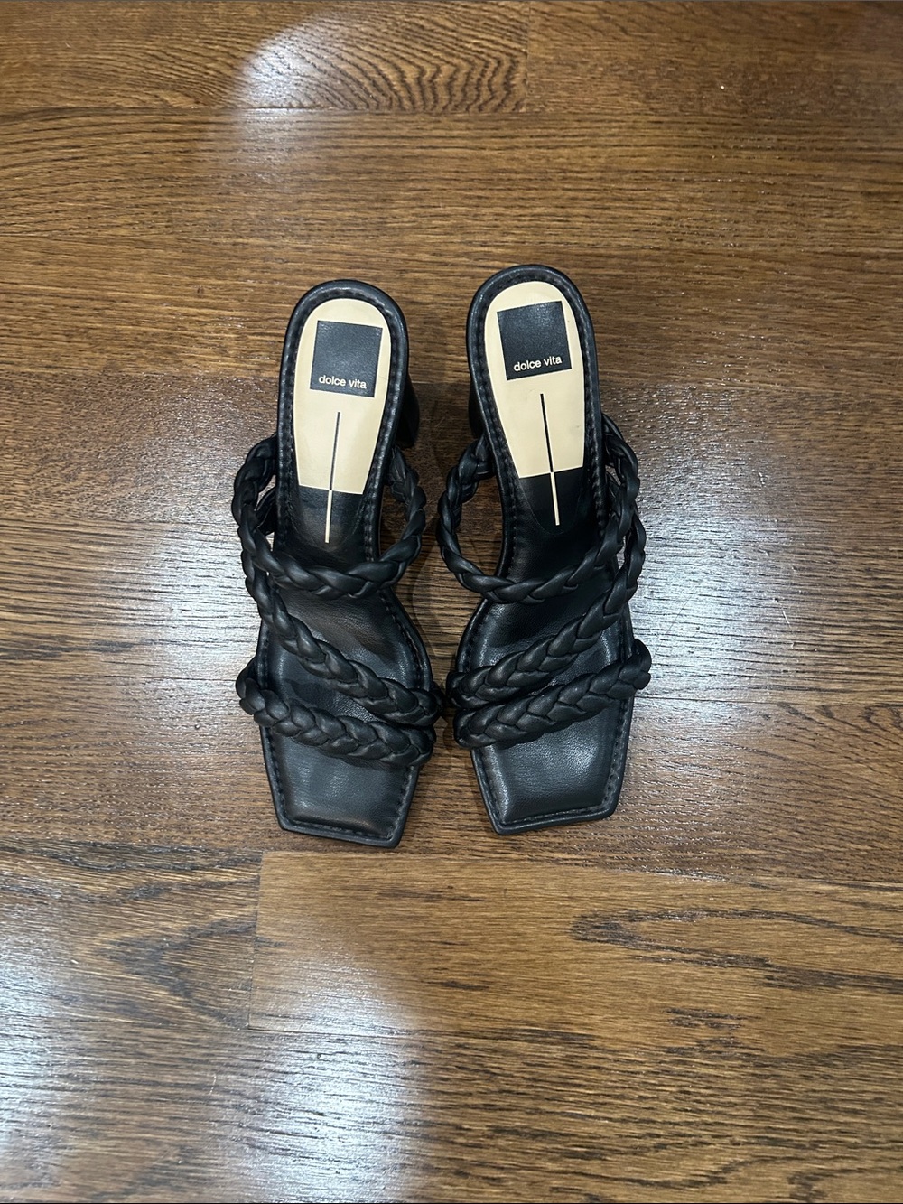 Dolce Vita Black Braided Square-Toe Heeled Slides